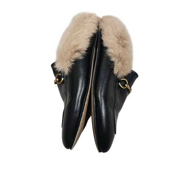 Vertundy Fully Fur-Lined Black Leather Loafers With Gold Buckle Detail Size 6.5 - Picture 9 of 10